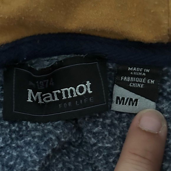 Marmot Men’s Blue Hoodie With Mustard Lining Kangaroo Pocket Size Medium. - Picture 6 of 9